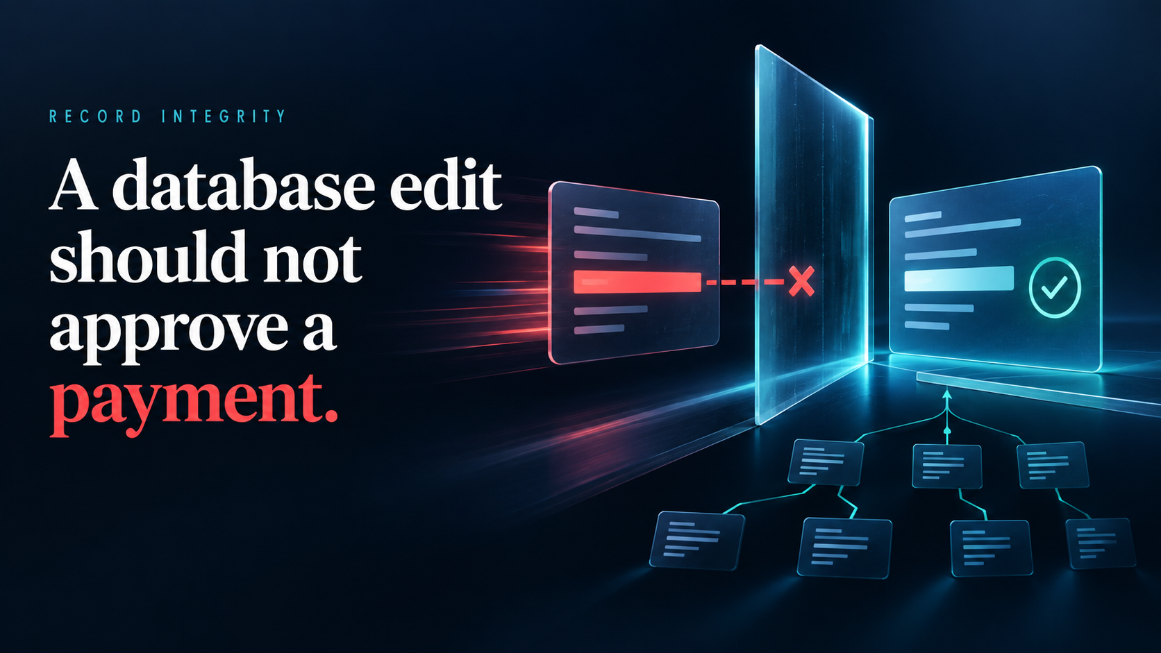 Conceptual cover: an altered database instruction stops at a verification boundary before the protected payment path. Headline: A database edit should not approve a payment.